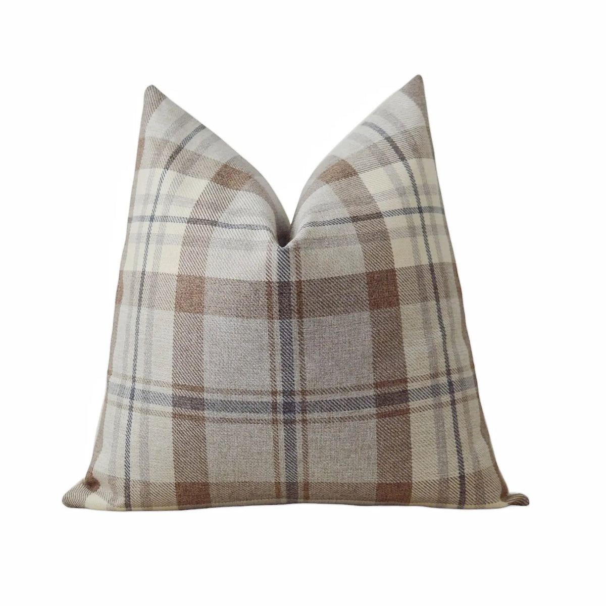 Brown and Navy Blue Plaid Woven Pillow Cover