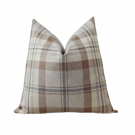 Brown and Navy Blue Plaid Woven Pillow Cover