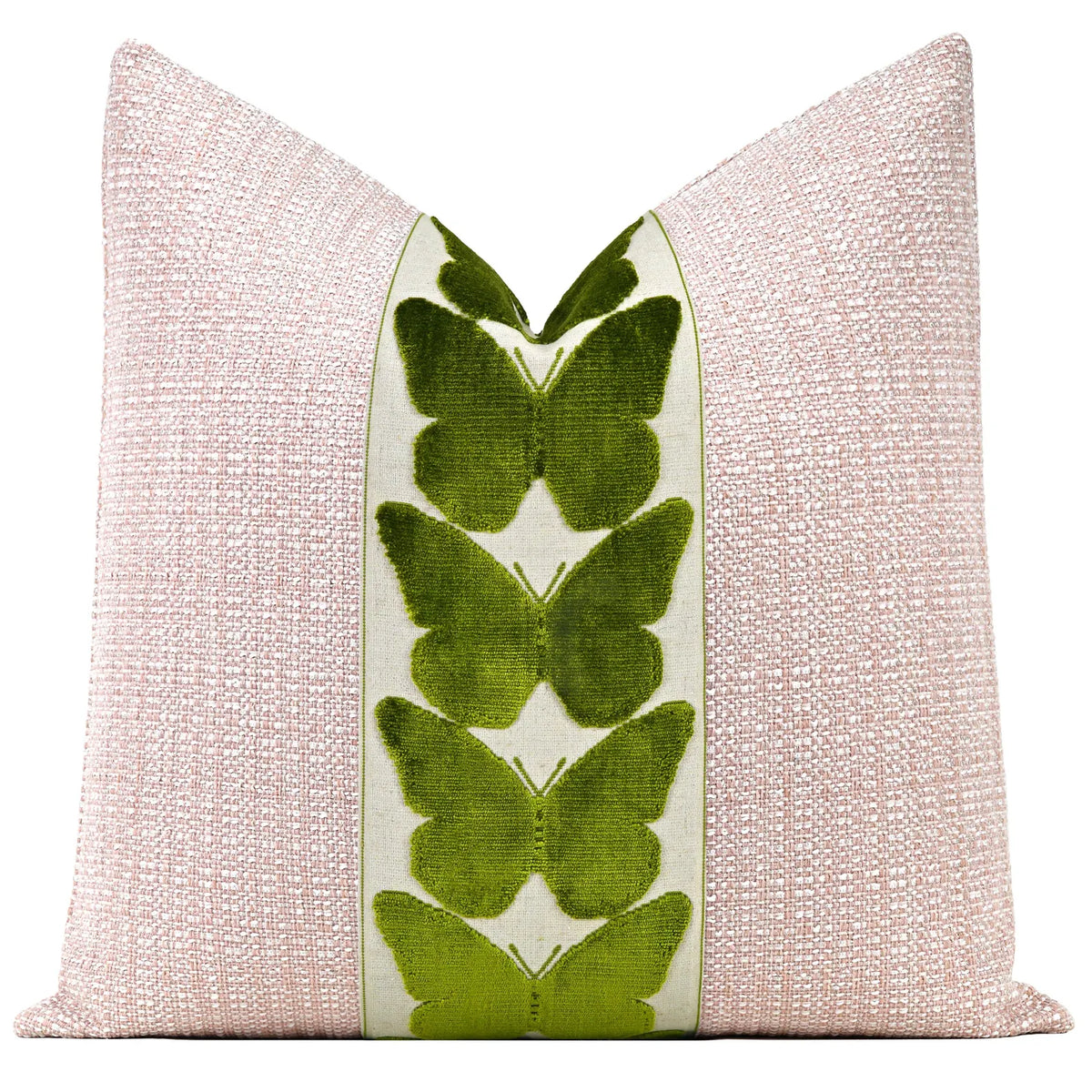 Tweed Throw Pillow Cover in Ballet Pink Large Centered Green Butterfly Trim