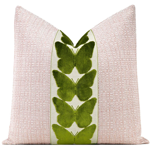 Tweed Throw Pillow Cover in Ballet Pink Large Centered Green Butterfly Trim