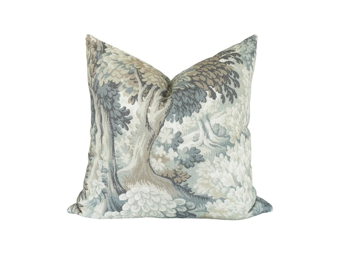 Woven Tapestry Pillow Cover: Blue Green Woodland Scene