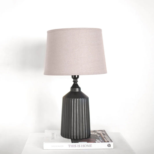 Black Grooved Table Lamp with Linen Shade