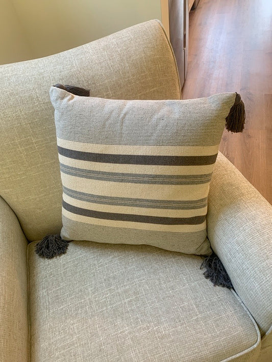 Tasseled Gray and Black Striped Pillows - Set of 2