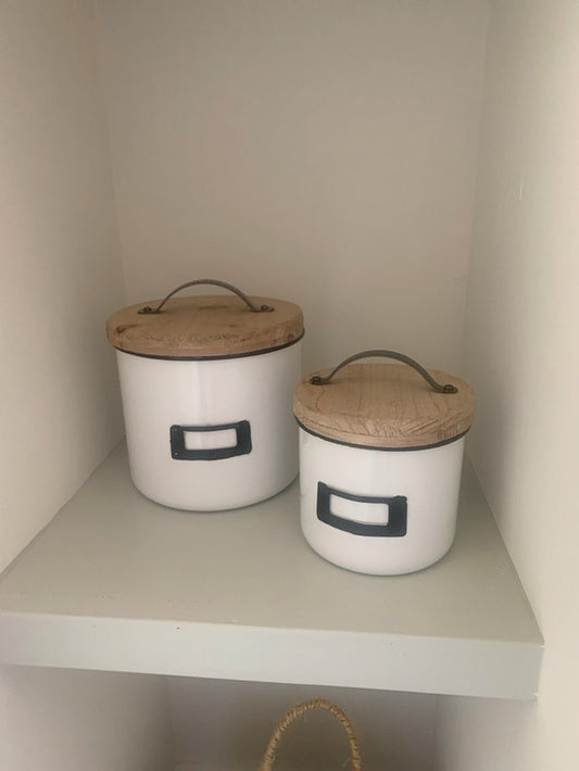 White Canisters with Wooden Lids - Set of 2