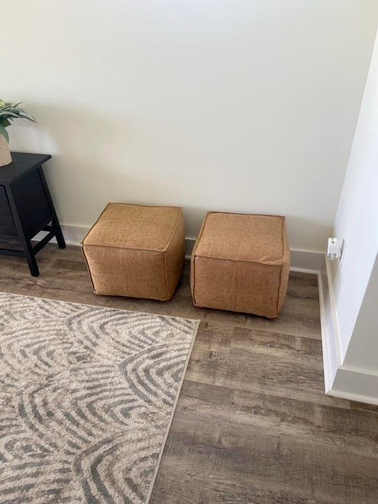 Brown Leather Poufs - Set of 2