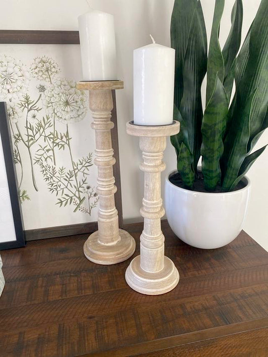Light Wood Pillar Candlestick Holders - Set of 2 (Candles Included)