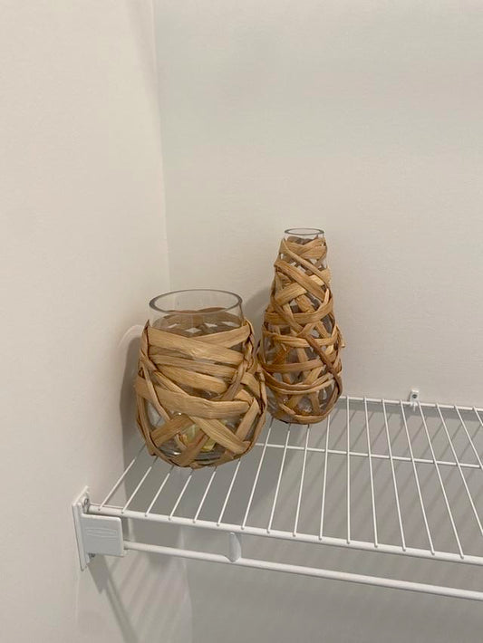 Glass and Wicker Wrapped Vases - Set of 2