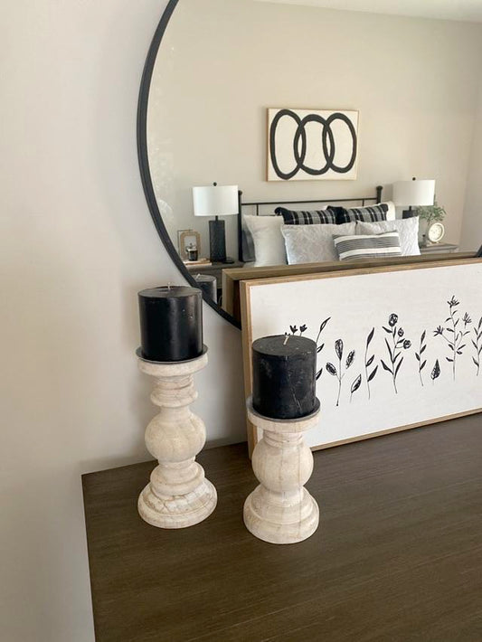 Whitewash Pillar Candle Holders with Black Candles - Set of 2