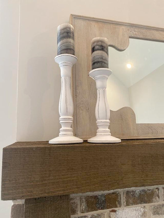 White Pillar Candle Holders with Gray Candles - Set of 2