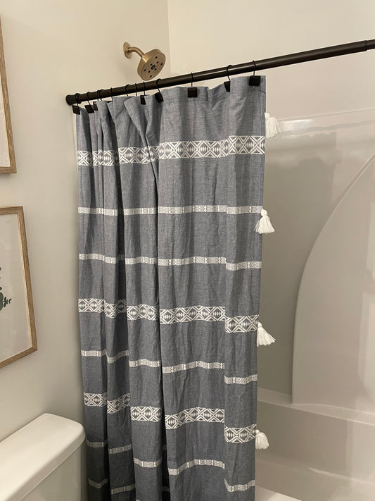 Blue Tasseled Shower Curtain - Bronze Rod and Hooks