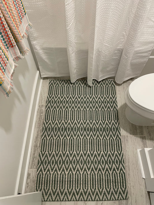 Green and White Woven Rug