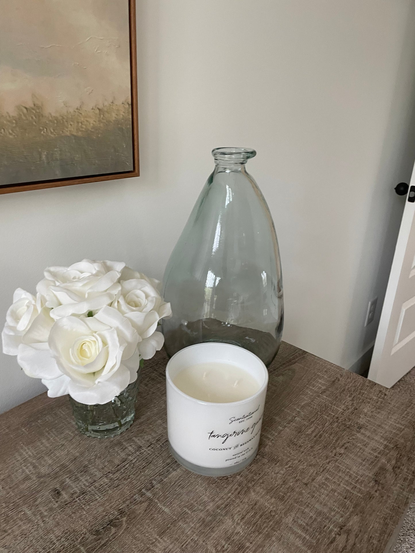 Small Faux White Rose Arrangement in Glass