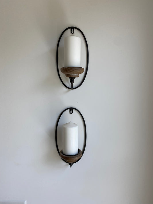 Black Metal and Wood Candle Sconces - Set of 2 (Pillars Included)