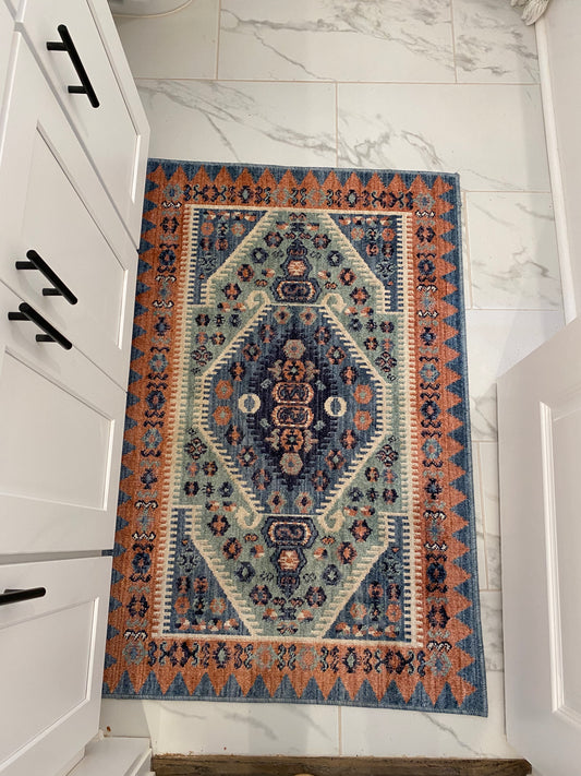 Orange, Blue Green Patterned Rug